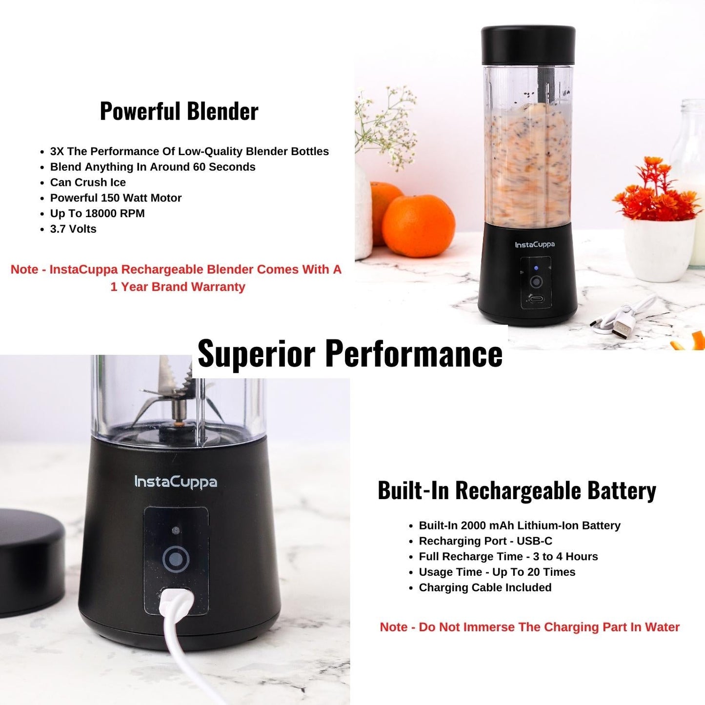 InstaCuppa Portable Blender (FREE 1 YEAR WARRANTY INCLUDED)